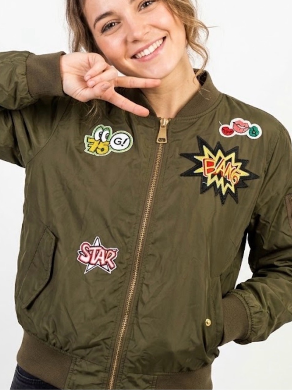 May Collection Army Green Bomber Jacket with Patches